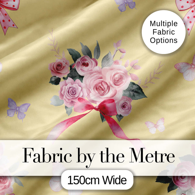 Elegant Watercolor Rose Bouquet Ribbon Butterfly Soft Yellow Background   Digital Print Fabric by the Metre UK Sewing Quilting Textile