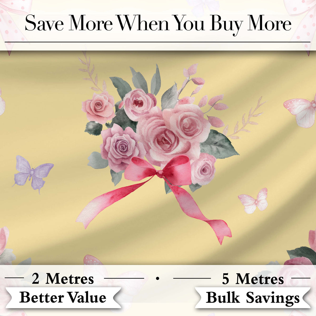 Elegant Watercolor Rose Bouquet Ribbon Butterfly Soft Yellow Background   Digital Print Fabric by the Metre UK Sewing Quilting Textile