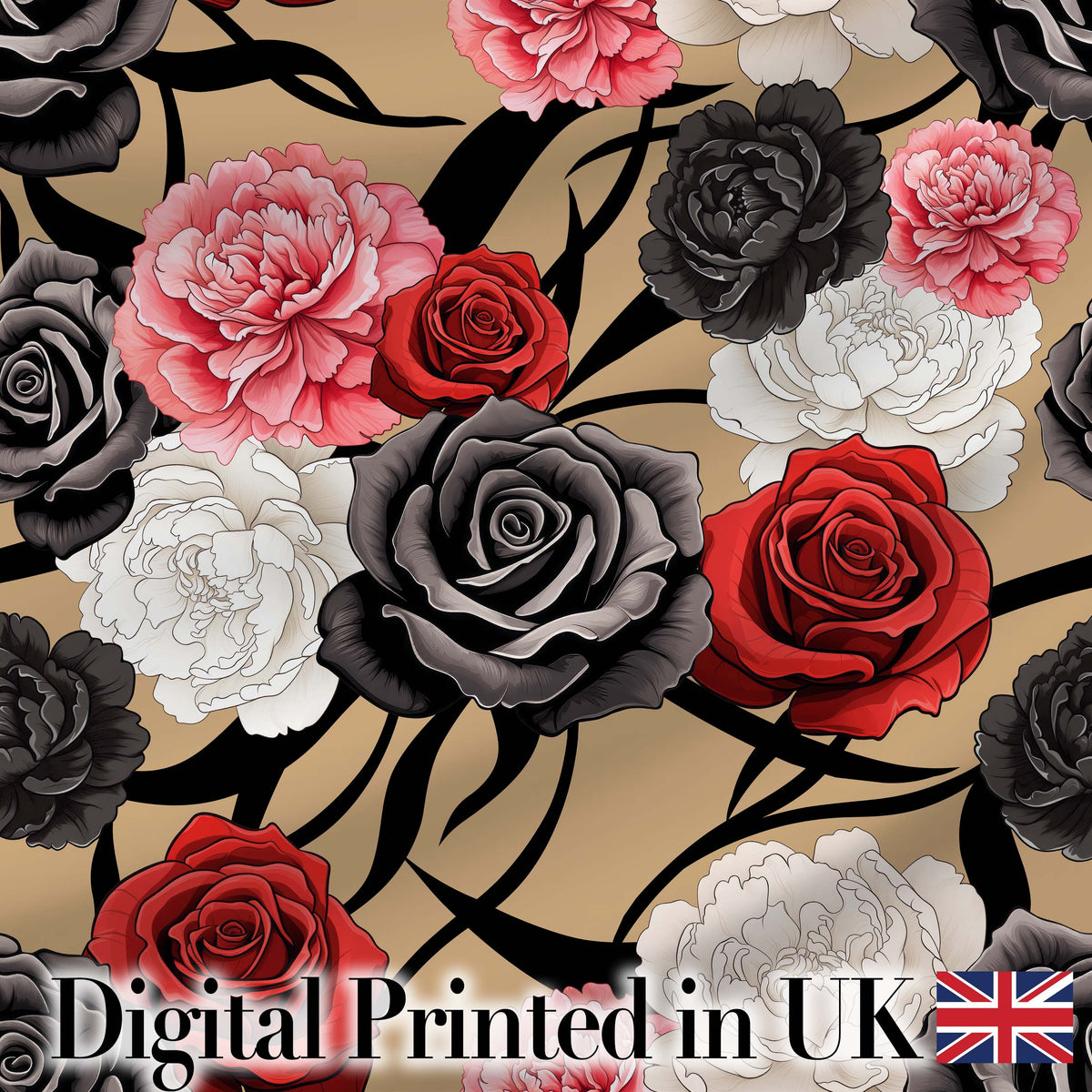 Elegant Rose Floral  with Black Red and White Flowers on Beige Background   Digital Print Fabric by the Metre UK Sewing Quilting Textile