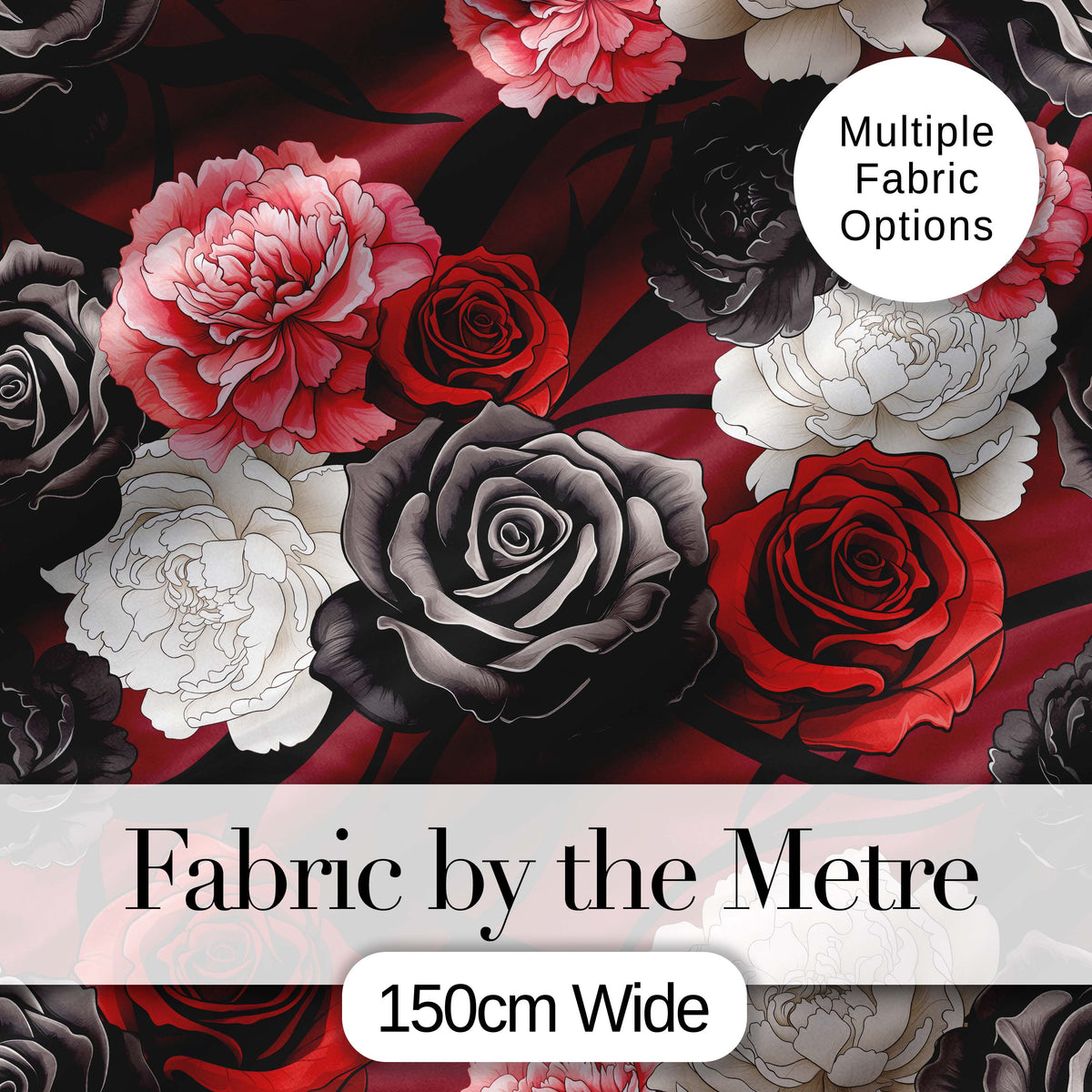 Elegant Rose Floral  with Black Red and White Flowers on Deep Red Background   Digital Print Fabric by the Metre UK Sewing Quilting Textile
