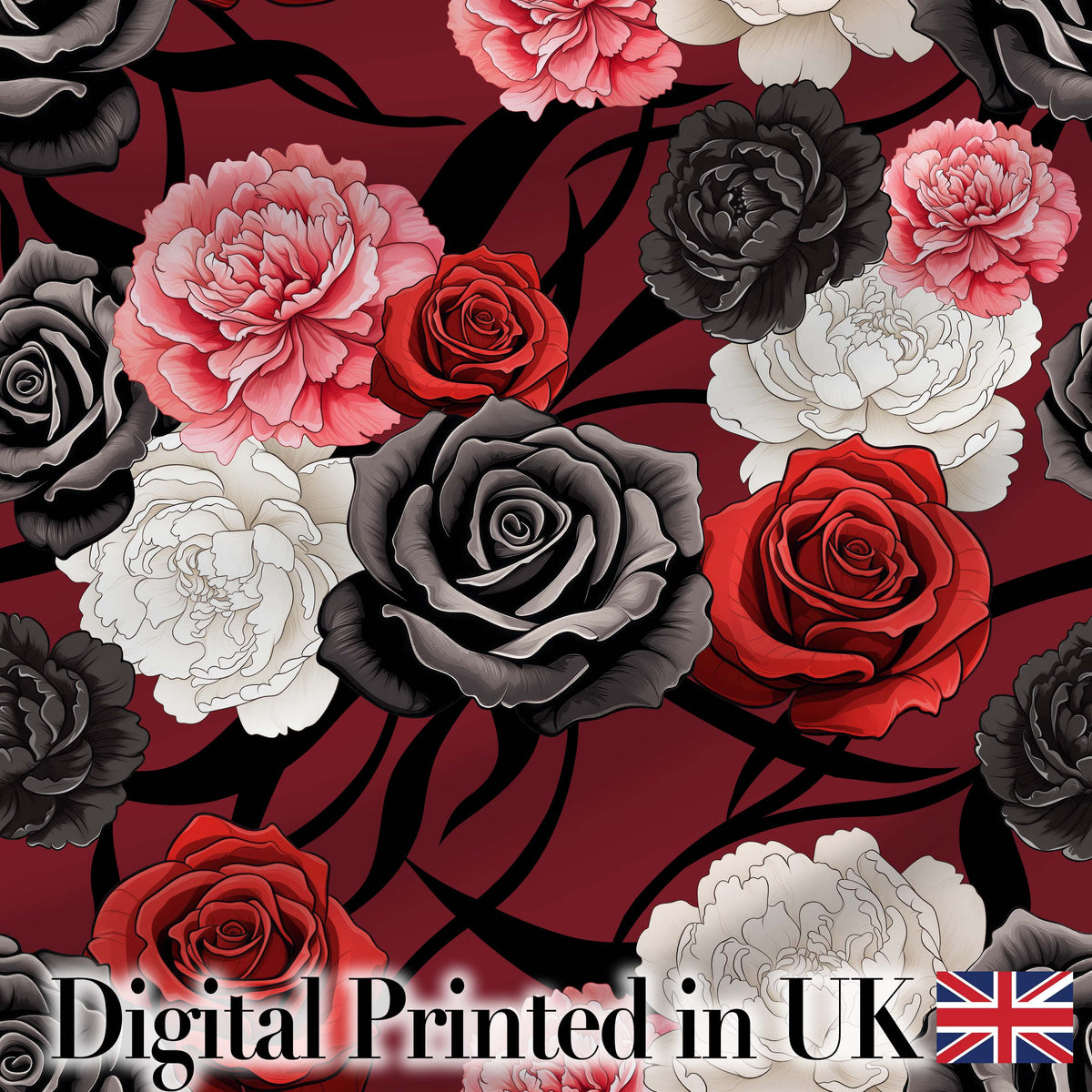 Elegant Rose Floral  with Black Red and White Flowers on Deep Red Background   Digital Print Fabric by the Metre UK Sewing Quilting Textile
