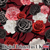 Elegant Rose Floral  with Black Red and White Flowers on Deep Red Background   Digital Print Fabric by the Metre UK Sewing Quilting Textile