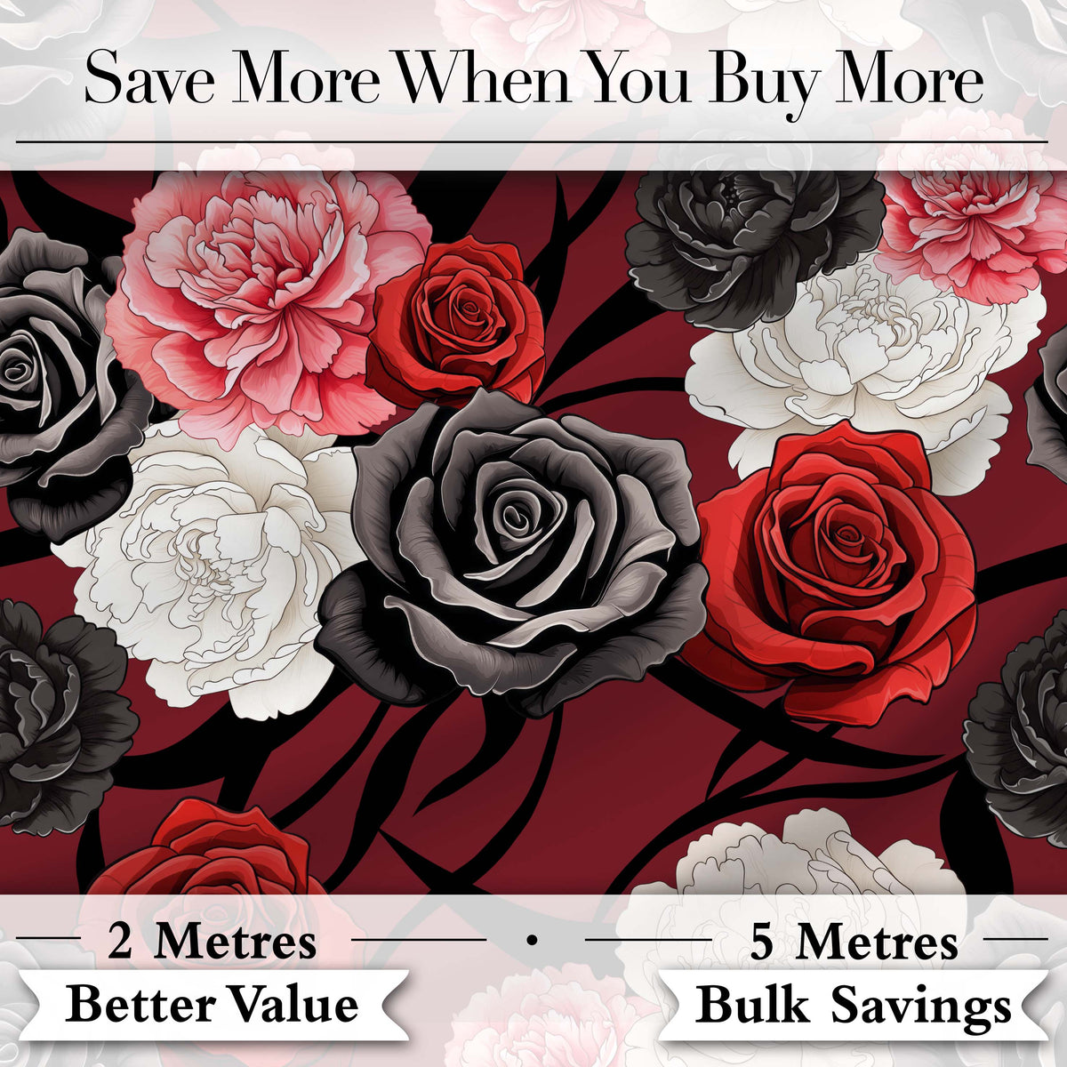 Elegant Rose Floral  with Black Red and White Flowers on Deep Red Background   Digital Print Fabric by the Metre UK Sewing Quilting Textile
