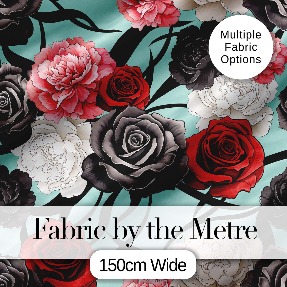 Elegant Rose Floral  with Black Red and White Flowers on Teal Background   Digital Print Fabric by the Metre UK Sewing Quilting Textile