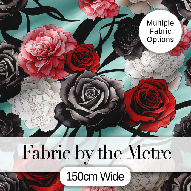 Elegant Rose Floral  with Black Red and White Flowers on Teal Background   Digital Print Fabric by the Metre UK Sewing Quilting Textile
