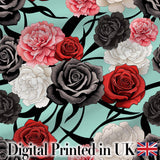 Elegant Rose Floral  with Black Red and White Flowers on Teal Background   Digital Print Fabric by the Metre UK Sewing Quilting Textile