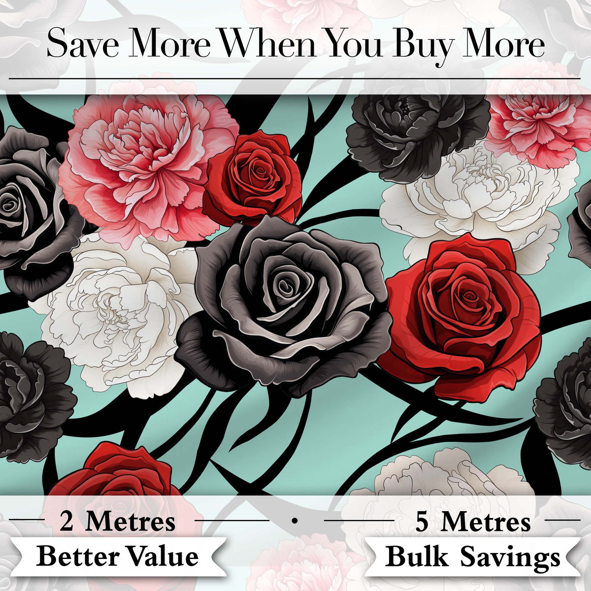 Elegant Rose Floral  with Black Red and White Flowers on Teal Background   Digital Print Fabric by the Metre UK Sewing Quilting Textile