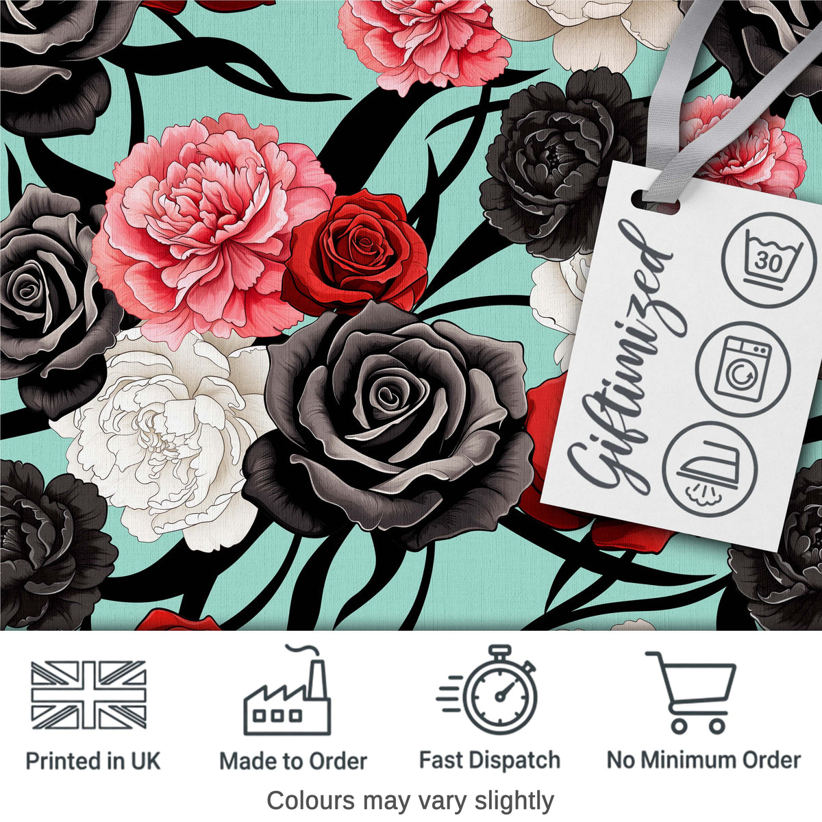 Elegant Rose Floral  with Black Red and White Flowers on Teal Background   Digital Print Fabric by the Metre UK Sewing Quilting Textile