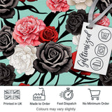 Elegant Rose Floral  with Black Red and White Flowers on Teal Background   Digital Print Fabric by the Metre UK Sewing Quilting Textile