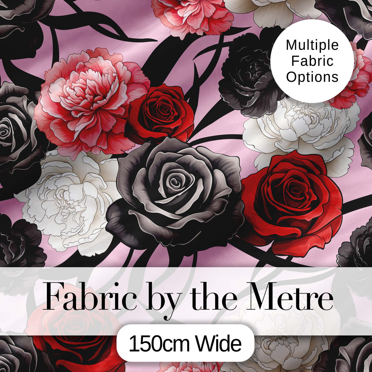 Elegant Rose Floral  with Black Red and White Flowers on Soft Pink Background   Digital Print Fabric by the Metre UK Sewing Quilting Textile