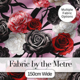 Elegant Rose Floral  with Black Red and White Flowers on Soft Pink Background   Digital Print Fabric by the Metre UK Sewing Quilting Textile