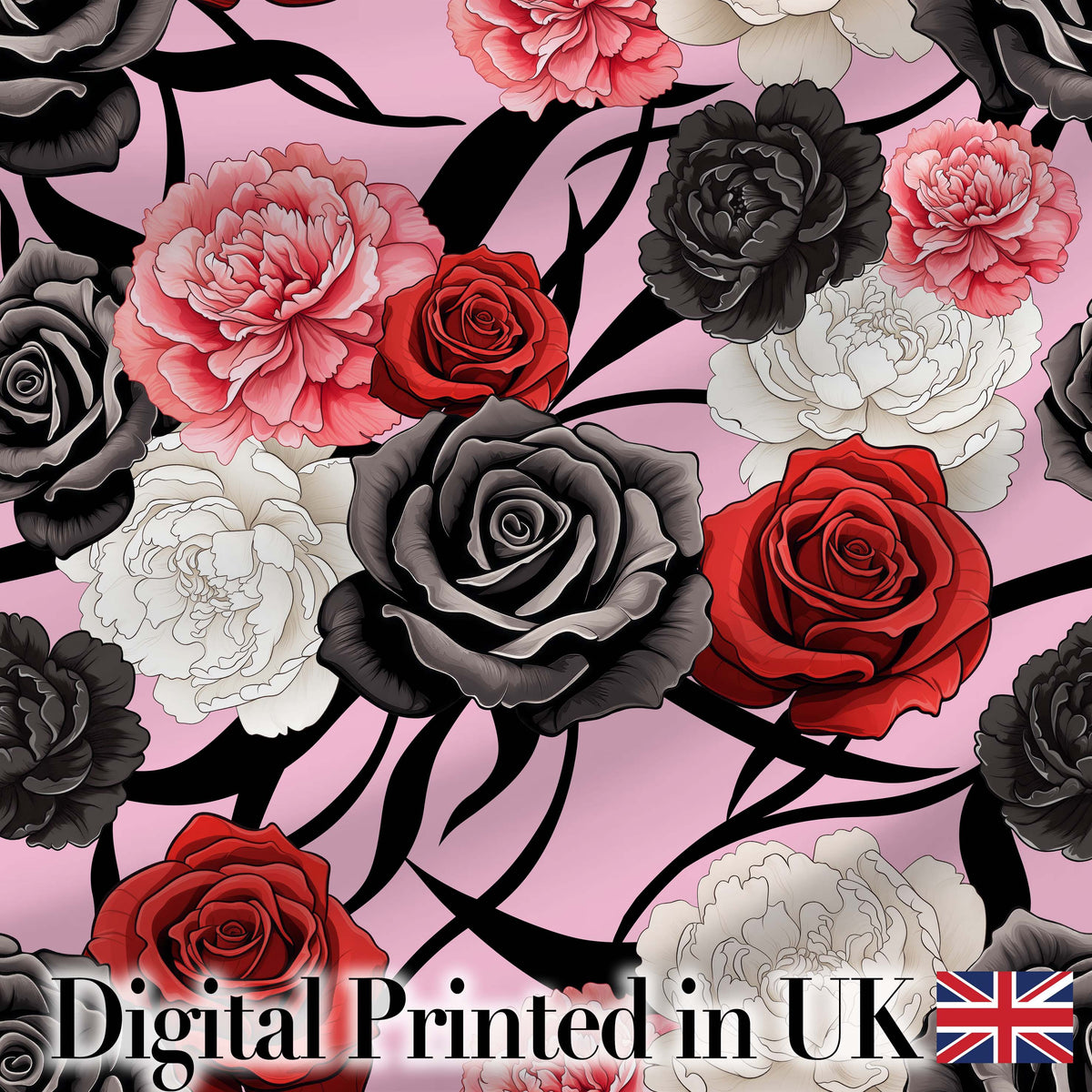 Elegant Rose Floral  with Black Red and White Flowers on Soft Pink Background   Digital Print Fabric by the Metre UK Sewing Quilting Textile