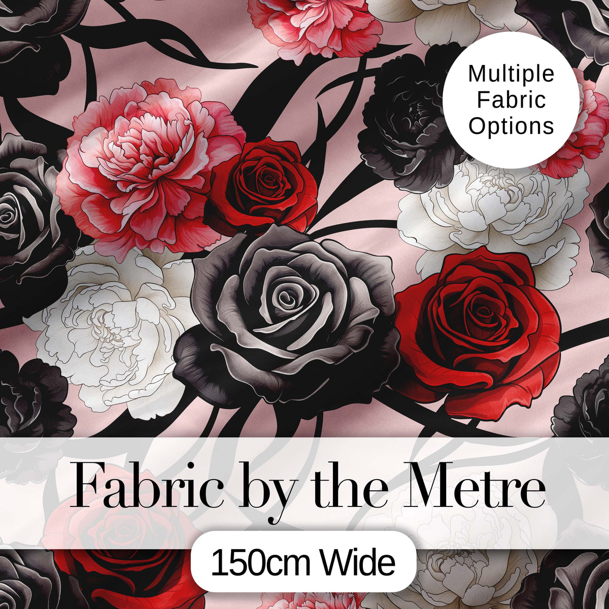 Elegant Rose Floral  with Black Red and White Flowers on Blush Pink Background  Digital Print Fabric by the Metre UK Sewing Quilting Textile