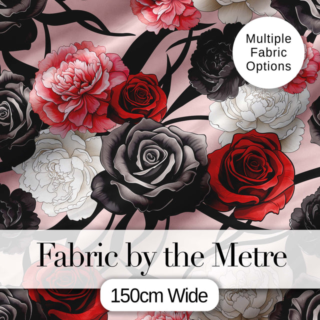 Elegant Rose Floral  with Black Red and White Flowers on Blush Pink Background  Digital Print Fabric by the Metre UK Sewing Quilting Textile