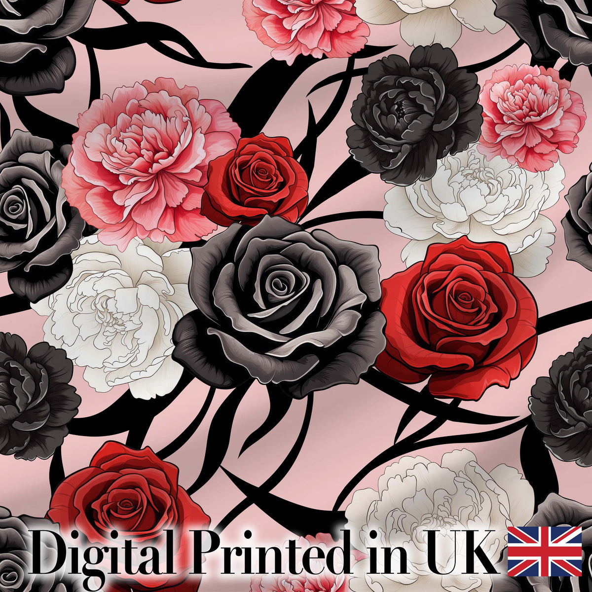 Elegant Rose Floral  with Black Red and White Flowers on Blush Pink Background  Digital Print Fabric by the Metre UK Sewing Quilting Textile
