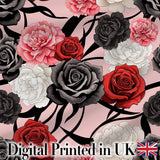 Elegant Rose Floral  with Black Red and White Flowers on Blush Pink Background  Digital Print Fabric by the Metre UK Sewing Quilting Textile