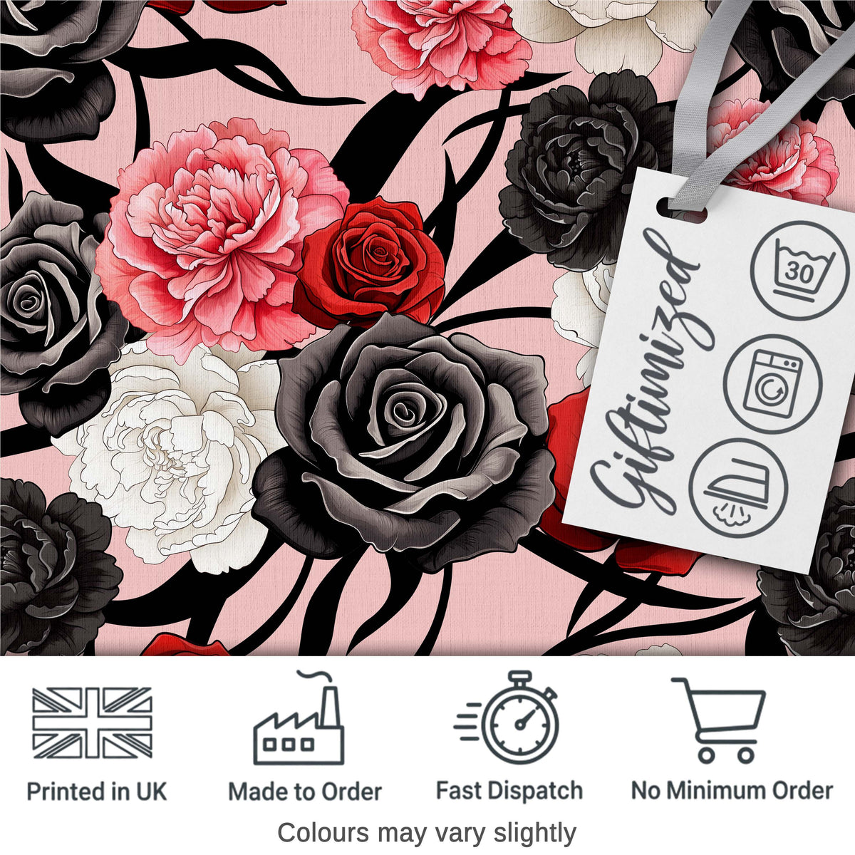 Elegant Rose Floral  with Black Red and White Flowers on Blush Pink Background  Digital Print Fabric by the Metre UK Sewing Quilting Textile