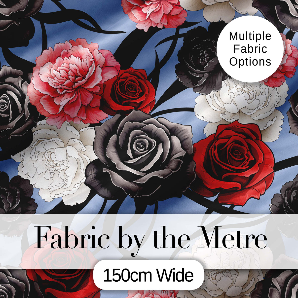 Elegant Rose Floral  with Black Red and White Flowers on Dusty Blue Background  Digital Print Fabric by the Metre UK Sewing Quilting Textile