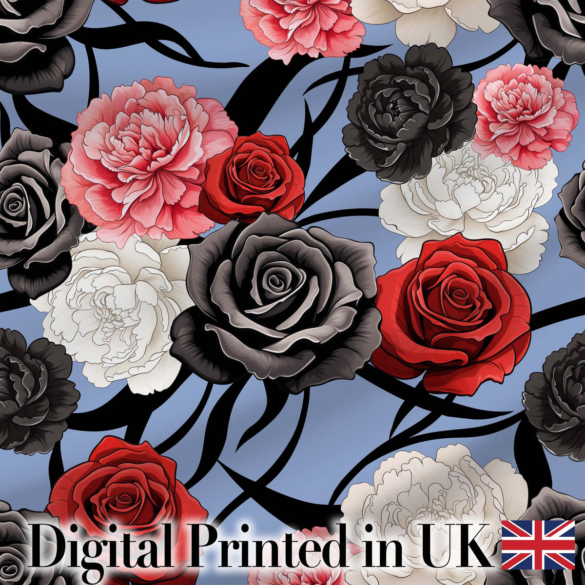 Elegant Rose Floral  with Black Red and White Flowers on Dusty Blue Background  Digital Print Fabric by the Metre UK Sewing Quilting Textile