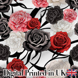 Elegant Rose Floral  with Black Red and White Flowers on Light Grey Background  Digital Print Fabric by the Metre UK Sewing Quilting Textile