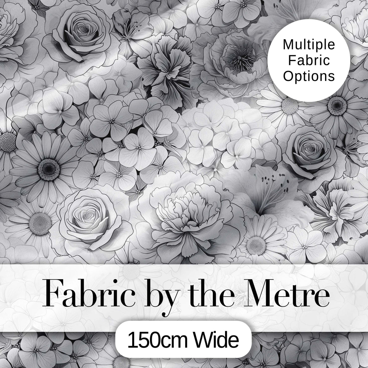 Elegant Monochrome Floral Bouquet  Pattern with Roses Peonies and Daisies Digital Print Fabric by the Metre UK Sewing Quilting Textile