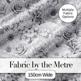 Elegant Monochrome Floral Bouquet  Pattern with Roses Peonies and Daisies Digital Print Fabric by the Metre UK Sewing Quilting Textile