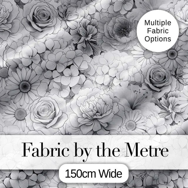 Elegant Monochrome Floral Bouquet  Pattern with Roses Peonies and Daisies Digital Print Fabric by the Metre UK Sewing Quilting Textile