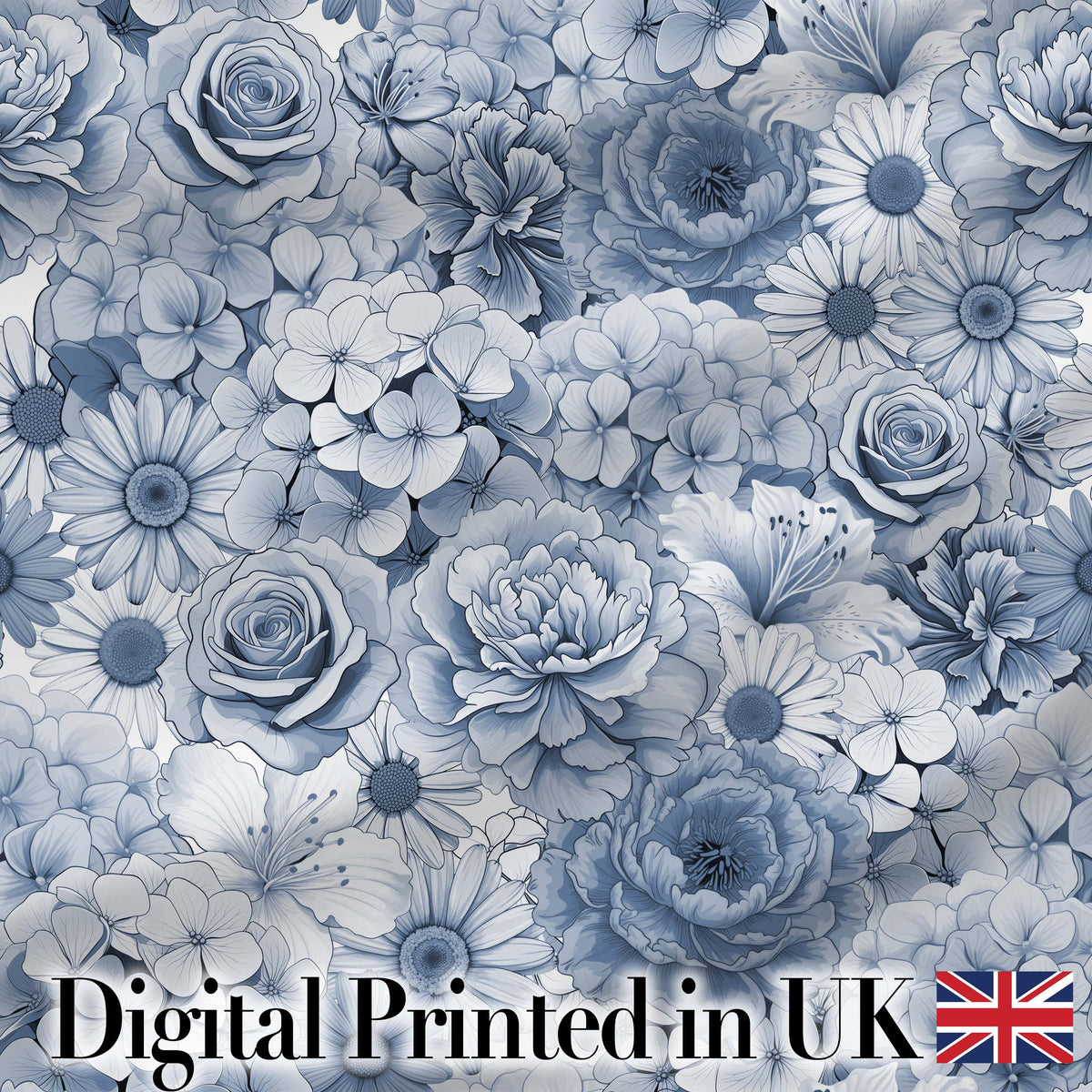 Soft Blue Toned Floral Bouquet Seamless Pattern with Roses Peonies and Daisies Digital Print Fabric by the Metre UK Sewing Quilting Textile