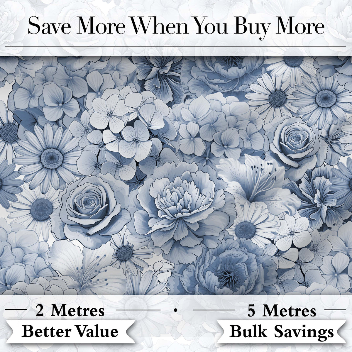 Soft Blue Toned Floral Bouquet Seamless Pattern with Roses Peonies and Daisies Digital Print Fabric by the Metre UK Sewing Quilting Textile