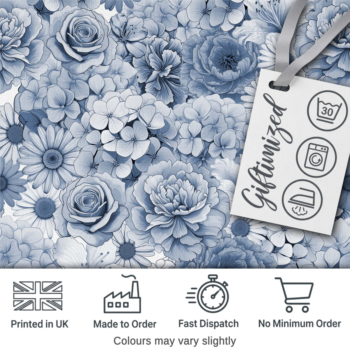 Soft Blue Toned Floral Bouquet Seamless Pattern with Roses Peonies and Daisies Digital Print Fabric by the Metre UK Sewing Quilting Textile