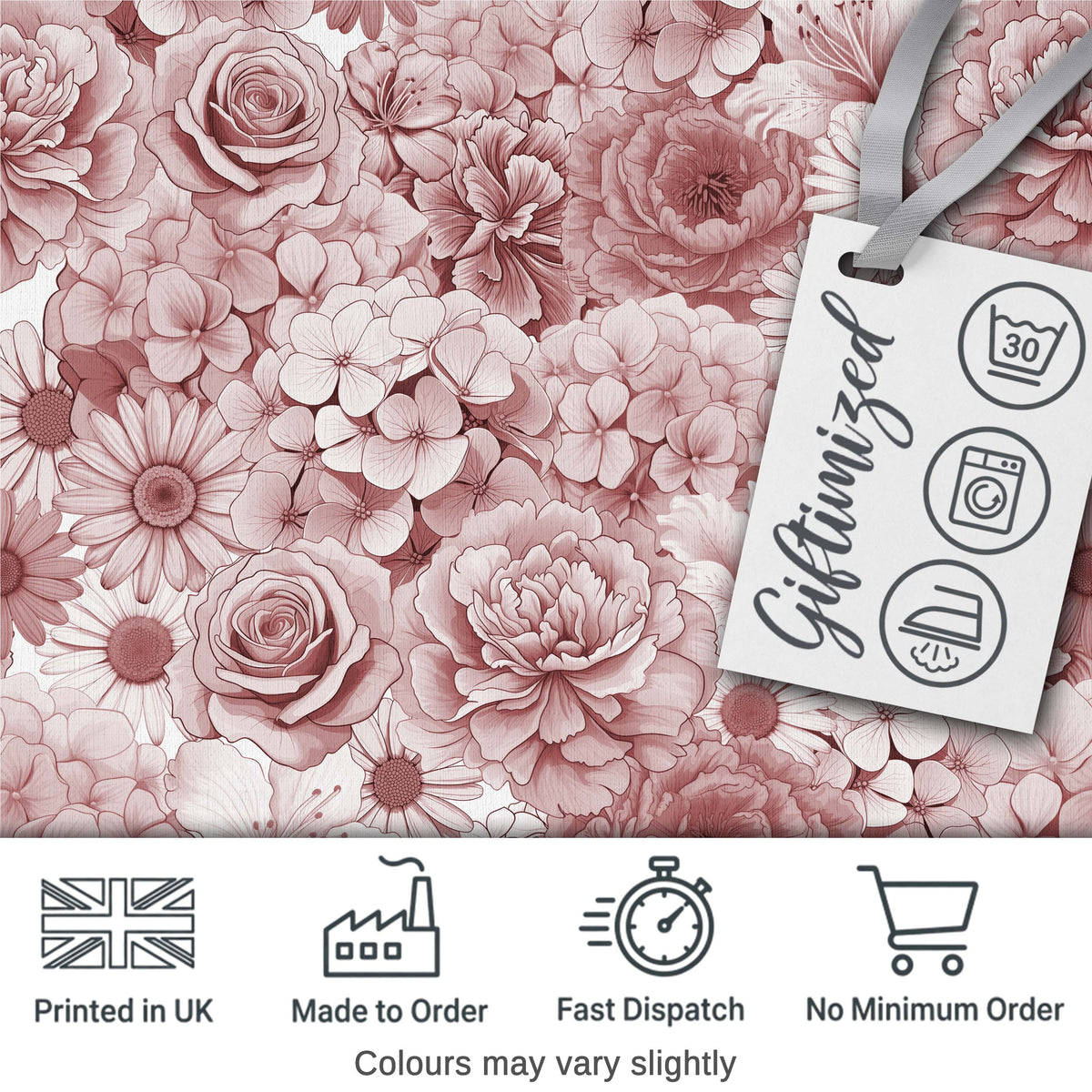 Warm Blush Pink Floral Bouquet Seamless Pattern with Roses Peonies and Daisies Digital Print Fabric by the Metre UK Sewing Quilting Textile