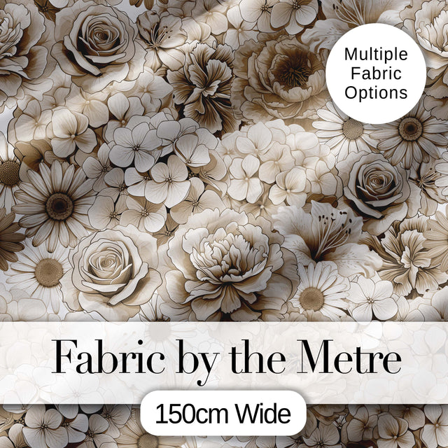 Vintage Sepia Floral Bouquet Seamless Pattern with Roses Peonies and Daisies Digital Print Fabric by the Metre UK Sewing Quilting Textile
