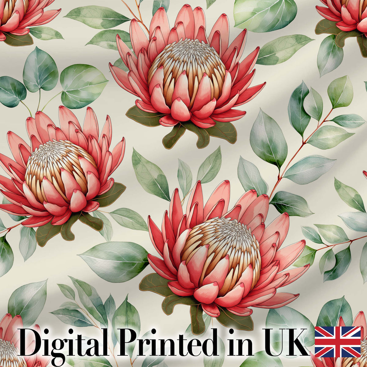 Coral Protea Flowers with Green Leaves Seamless Botanical Pattern Digital Print Fabric by the Metre UK Sewing Quilting Textile