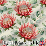 Coral Protea Flowers with Green Leaves Seamless Botanical Pattern Digital Print Fabric by the Metre UK Sewing Quilting Textile