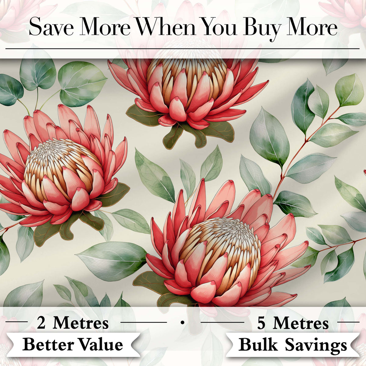 Coral Protea Flowers with Green Leaves Seamless Botanical Pattern Digital Print Fabric by the Metre UK Sewing Quilting Textile