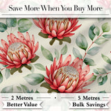 Coral Protea Flowers with Green Leaves Seamless Botanical Pattern Digital Print Fabric by the Metre UK Sewing Quilting Textile