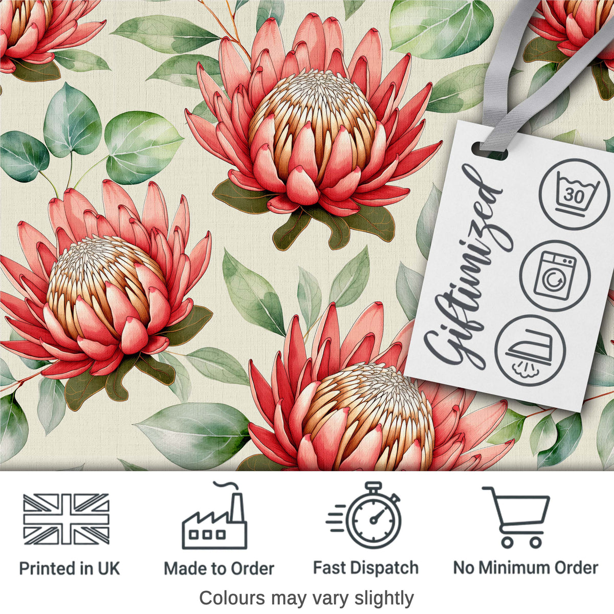 Coral Protea Flowers with Green Leaves Seamless Botanical Pattern Digital Print Fabric by the Metre UK Sewing Quilting Textile