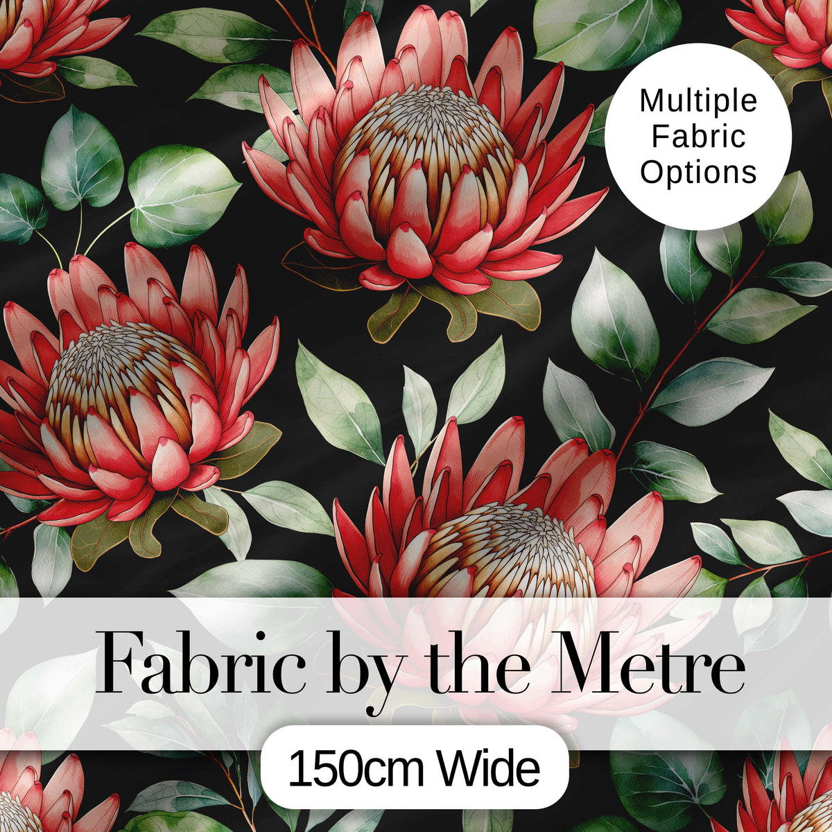 Coral Protea Flowers on Black Background Seamless Botanical Pattern Digital Print Fabric by the Metre UK Sewing Quilting Textile