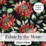 Coral Protea Flowers on Black Background Seamless Botanical Pattern Digital Print Fabric by the Metre UK Sewing Quilting Textile
