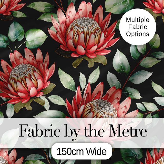 Coral Protea Flowers on Black Background Seamless Botanical Pattern Digital Print Fabric by the Metre UK Sewing Quilting Textile