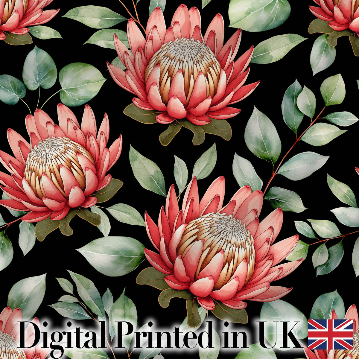 Coral Protea Flowers on Black Background Seamless Botanical Pattern Digital Print Fabric by the Metre UK Sewing Quilting Textile