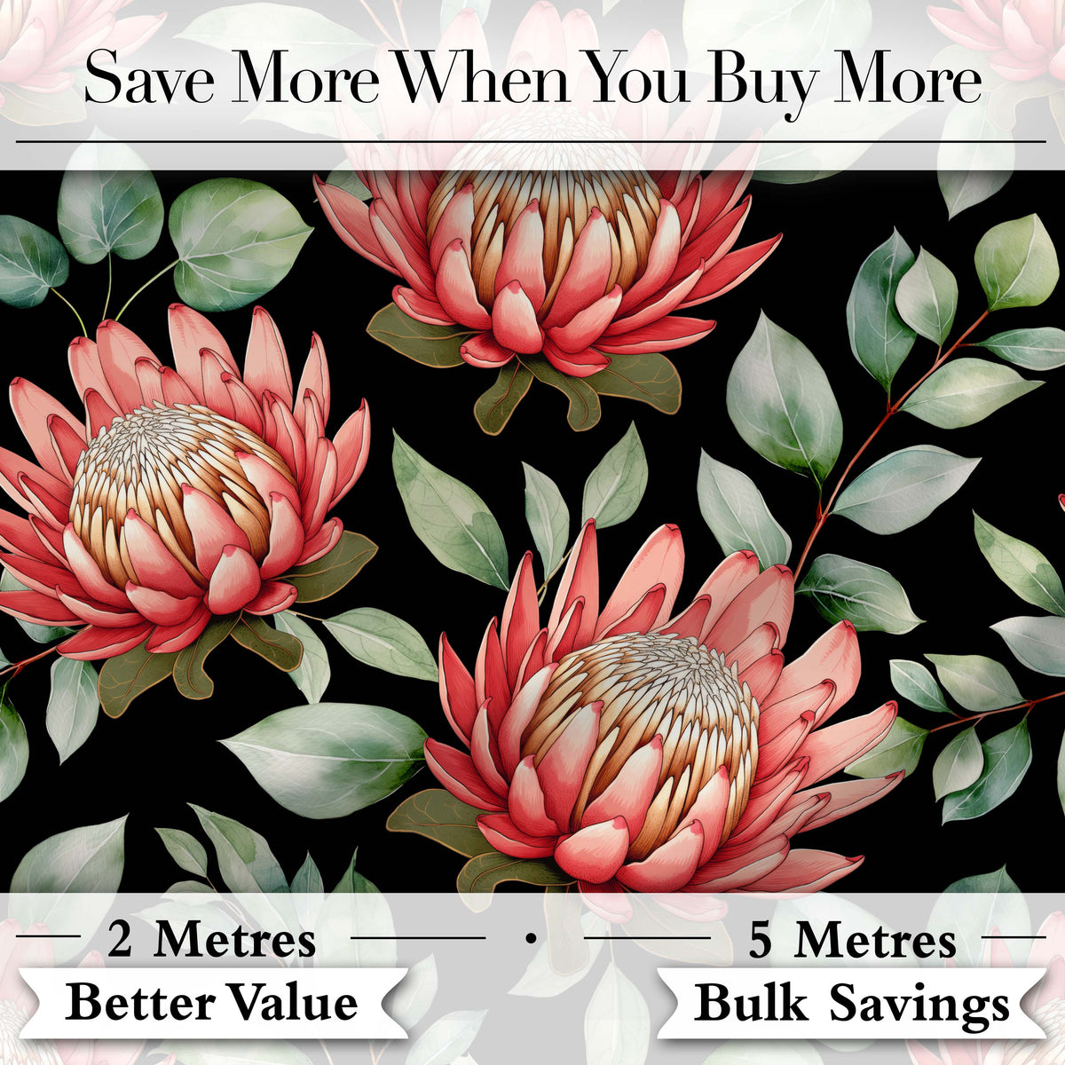 Coral Protea Flowers on Black Background Seamless Botanical Pattern Digital Print Fabric by the Metre UK Sewing Quilting Textile