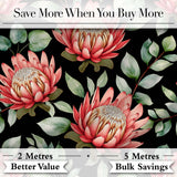 Coral Protea Flowers on Black Background Seamless Botanical Pattern Digital Print Fabric by the Metre UK Sewing Quilting Textile