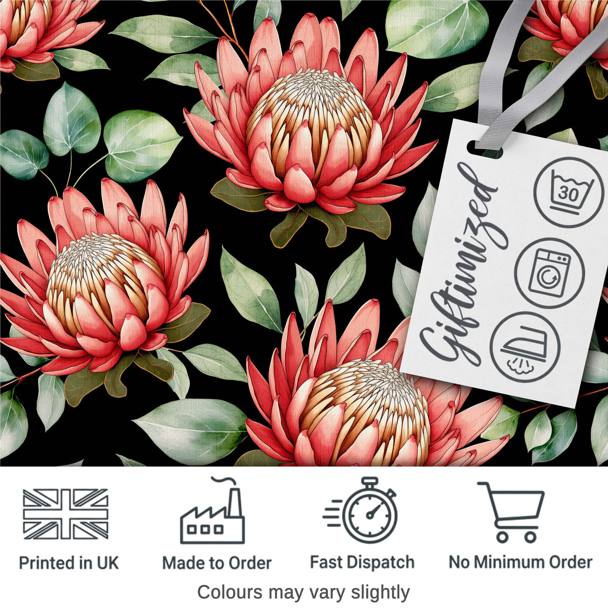 Coral Protea Flowers on Black Background Seamless Botanical Pattern Digital Print Fabric by the Metre UK Sewing Quilting Textile