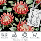 Coral Protea Flowers on Black Background Seamless Botanical Pattern Digital Print Fabric by the Metre UK Sewing Quilting Textile