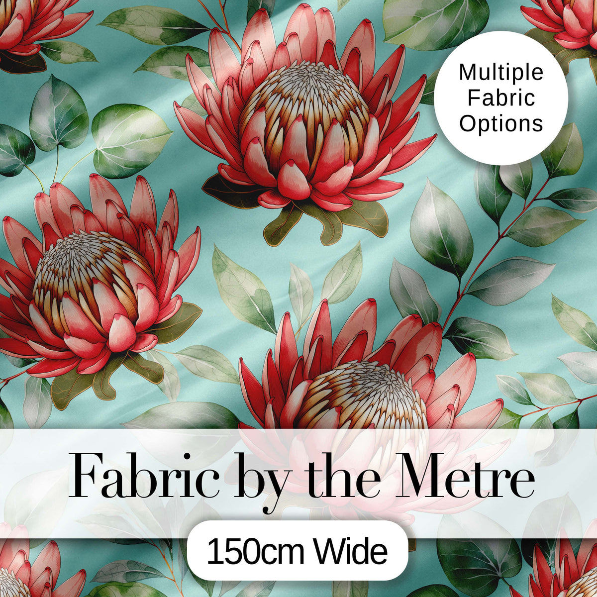 Coral Protea Flowers on Teal Background Seamless Botanical Pattern Digital Print Fabric by the Metre UK Sewing Quilting Textile