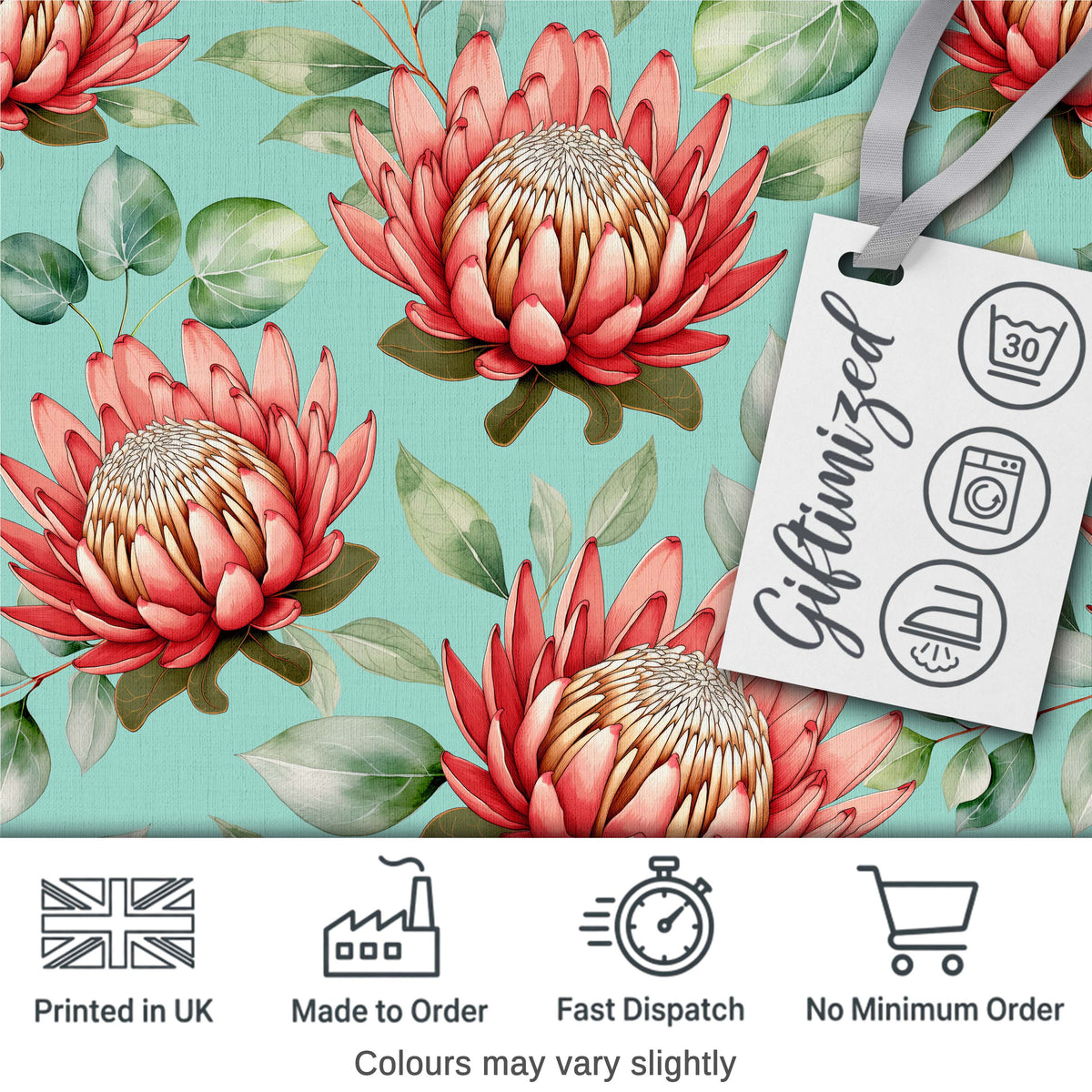Coral Protea Flowers on Teal Background Seamless Botanical Pattern Digital Print Fabric by the Metre UK Sewing Quilting Textile