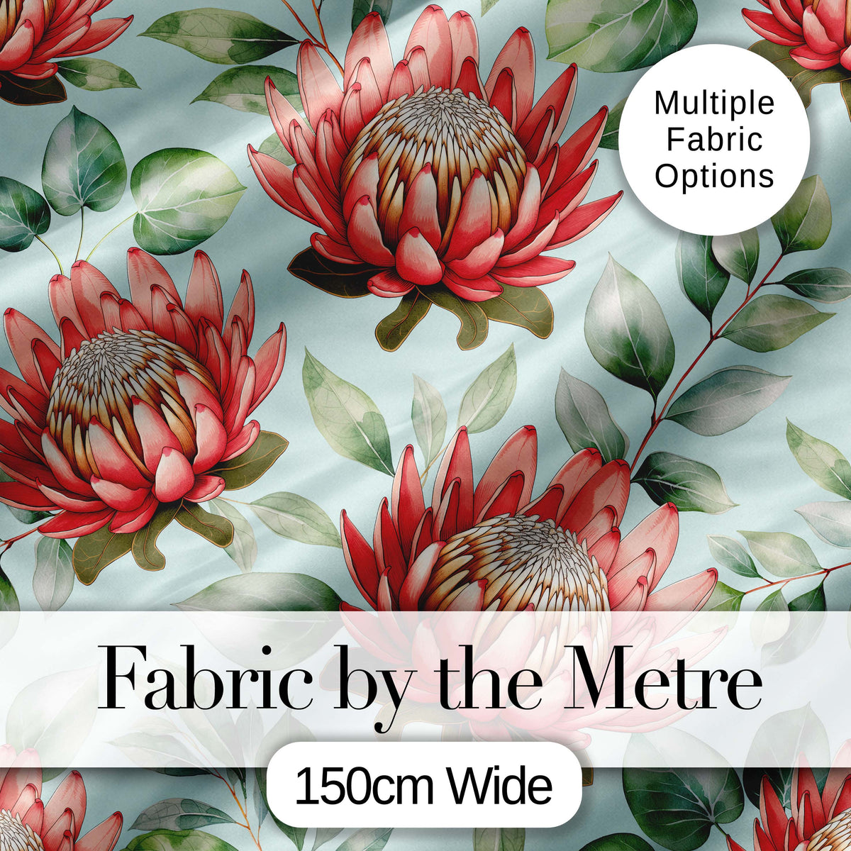Coral Protea Flowers on Soft Mint Background Seamless Botanical Pattern Digital Print Fabric by the Metre UK Sewing Quilting Textile