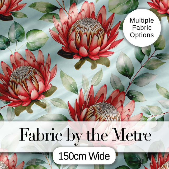 Coral Protea Flowers on Soft Mint Background Seamless Botanical Pattern Digital Print Fabric by the Metre UK Sewing Quilting Textile
