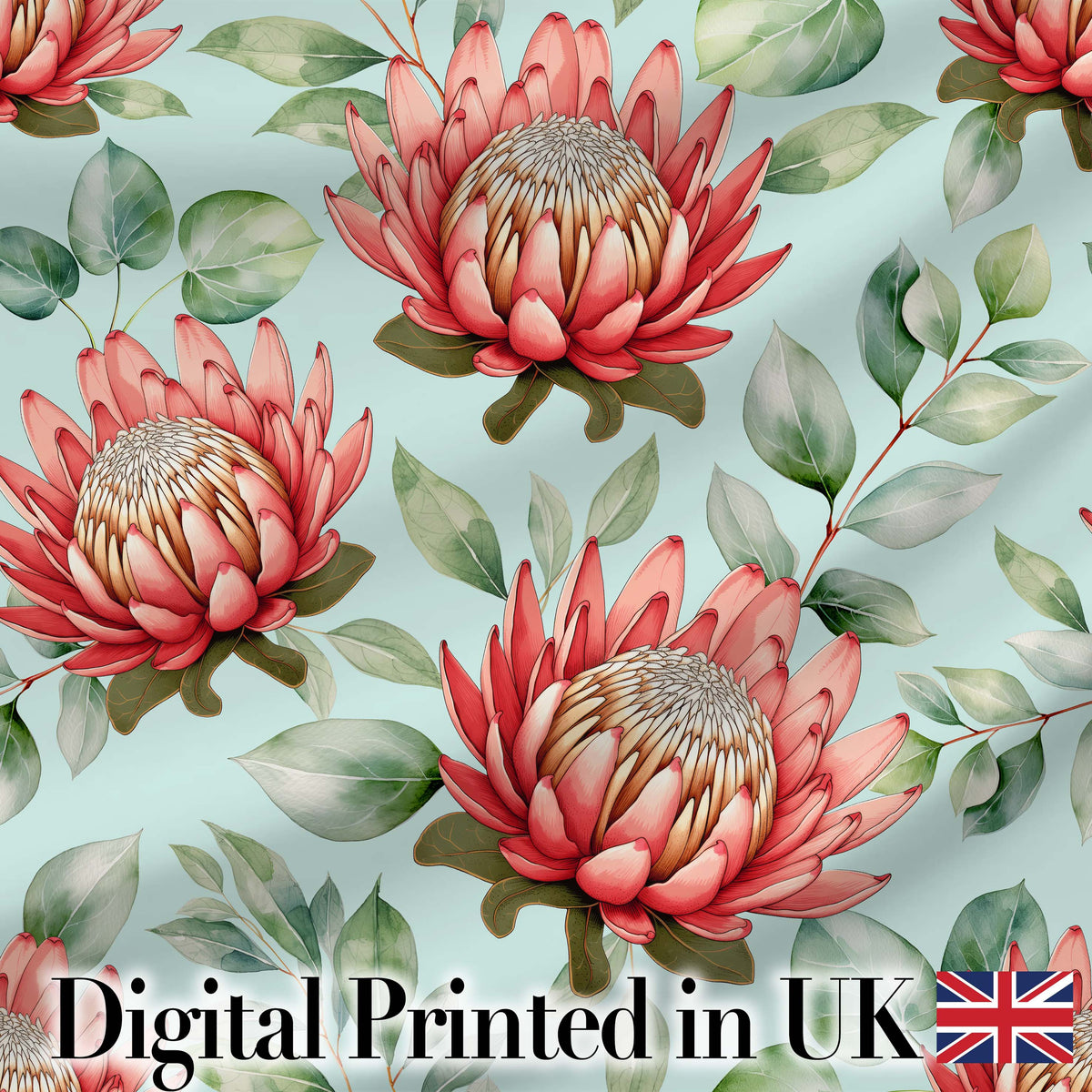 Coral Protea Flowers on Soft Mint Background Seamless Botanical Pattern Digital Print Fabric by the Metre UK Sewing Quilting Textile